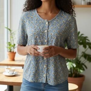 FLAX Designs Floral Rayon Button Down Blouse
